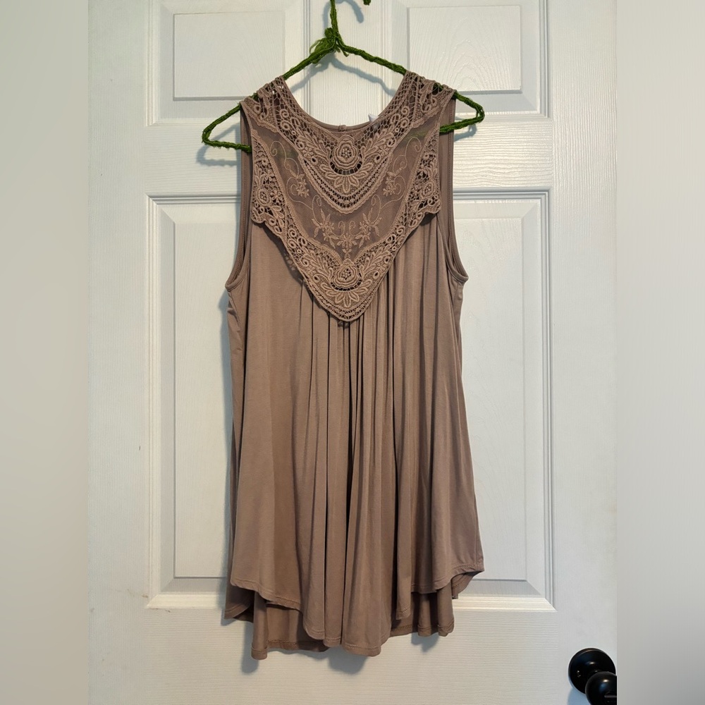 Latte Flowy Sleeveless Top with Sheer Crochet Detail - L